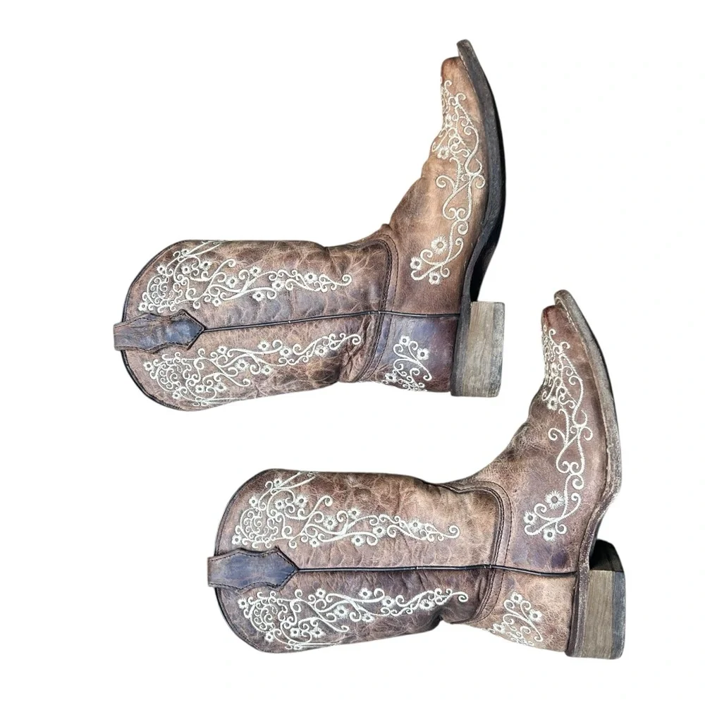 CORRAL A2663 floral embroidery distressed leather cowgirl boots square toe SZ5.5 - Picture 3 of 7